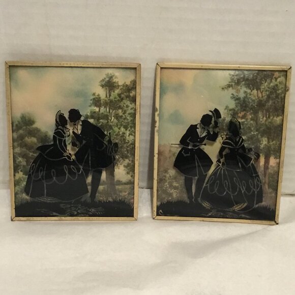 Set of vintage Convex Glass Reverse painted Silhouette Pictures Victorian scenes - Picture 1 of 16